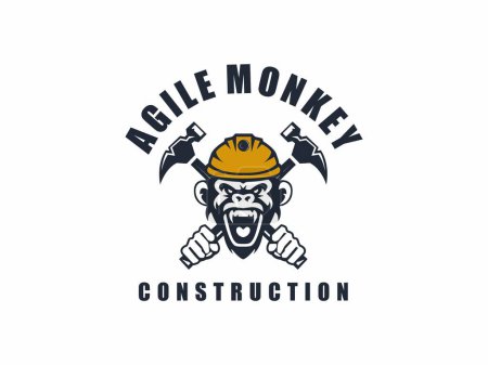 Téléchargez les photos : Logo d'insigne d'un singe casqué portant un marteau pour la construction - en image libre de droit