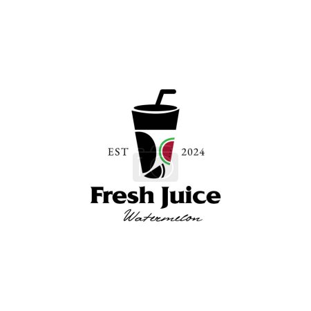 Ilustración de Logo de la bebida de zumo de fruta fresca, con una taza de plástico y sandía como símbolo - Imagen libre de derechos