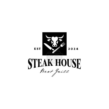 Téléchargez les illustrations : Steak logo with a cow's head design, knife and fork as a symbol for the restaurant - en licence libre de droit