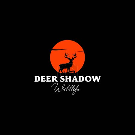 Black Shadow of Deer in Sunset Silhouette, Nature and Animal Landscape Logo