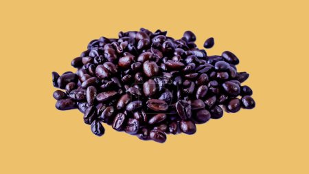 coffee bean, medium, dark, black, brown, close-up, macro, yellow background, isolated