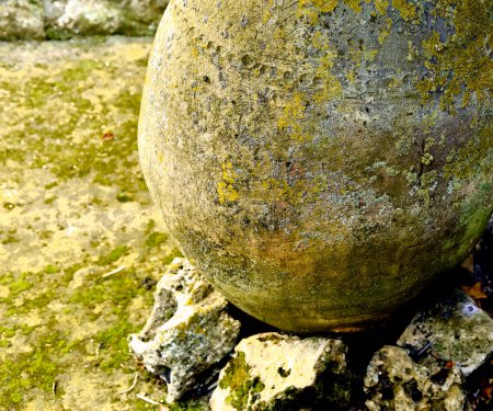 Old jar with stones and lichens around it.