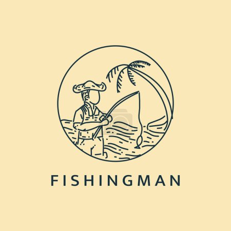 Illustration for Minimalist fishing man logo line art illustration template design with circle - Royalty Free Image