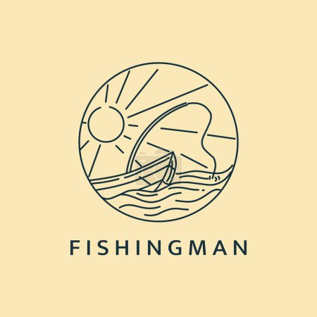 Illustration for Minimalist fishing man logo line art illustration template design with circle - Royalty Free Image