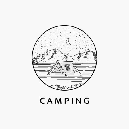 Illustration for Minimalist camping in the mountains line art logo illustration template design. The enchantment of the sky and nature of the mountains at night. - Royalty Free Image