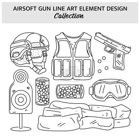 Téléchargez les illustrations : Ensemble d'illustration vectorielle dessinée à la main de l'équipement Airsoft Gun. Modèle de conception d'icône sportive. - en licence libre de droit