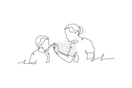 Ilustración de Una línea continua que una madre alimenta a su hijo. Ilustración vectorial de estilo minimalista en fondo blanco. - Imagen libre de derechos