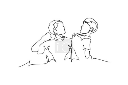 Eine ununterbrochene Linie zwei kleine Jungen kämpfen. Minimalistische Vektor-Illustration im weißen Hintergrund.
