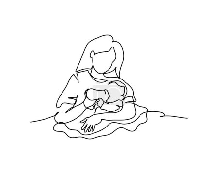 Illustration for One line continuous of a mother gives milk to her baby using a pacifier. Minimalist style vector illustration in white background. - Royalty Free Image