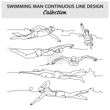 Téléchargez les illustrations : Ensemble d'hommes nageant une ligne continue. Illustration vectorielle de style minimaliste sur fond blanc. - en licence libre de droit