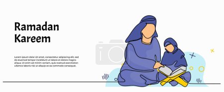 La ilustración vectorial de los musulmanes enseña a los niños pequeños a recitar el Al-Corán. Moderno piso en estilo línea continua.