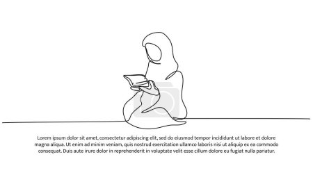Ilustración vectorial de una mujer musulmana leyendo el Al-Corán. Moderno piso en estilo línea continua.