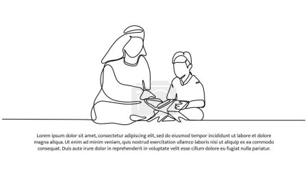 Ilustración de La ilustración vectorial de los musulmanes enseña a los niños pequeños a recitar el Al-Corán. Moderno piso en estilo línea continua. - Imagen libre de derechos