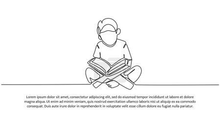 Illustration vectorielle d'un petit garçon lisant le Coran. Appartement moderne dans le style ligne continue.