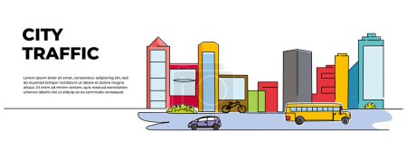 Vektor-Illustration der Stadtlinienansicht des Fahrzeugverkehrs auf der Autobahn vor den Gebäuden. Konzept zur Gestaltung der Innenstadt-Aktivitäten. Moderne Wohnung im durchgehenden Linienstil.