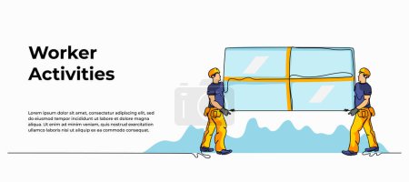 Vector illustration of a construction worker together is lifting glass. Modern flat in continuous line style.