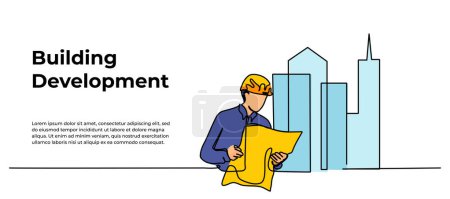 Vector illustration of construction contractors holding blueprints. Modern flat in continuous line style.