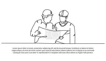 One line continuous of contractors are discussing. Minimalist style vector illustration in white background.