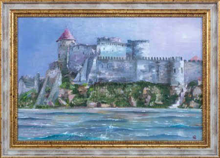 Oil painting landscape Bilhorod-Dnister fortress, Ukraine. Fine ar