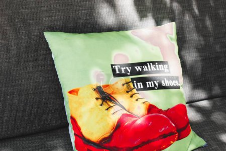 pillow with a picture and text