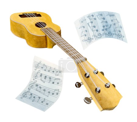 Photo for Side angle view of an isolated yellow soprano ukulele, headstock close up, two music sheet papers flying around - Royalty Free Image