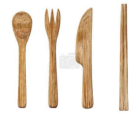 Foto de Juego de cubiertos de bambú de una cuchara, un tenedor, un cuchillo y palillos - Imagen libre de derechos