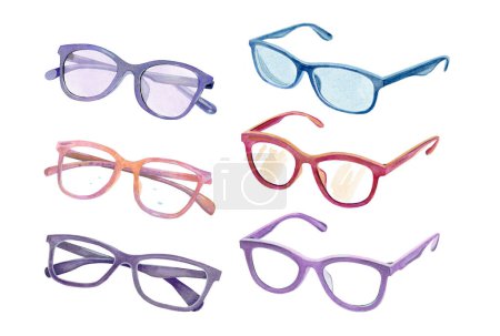 Six pairs of watercolor hand drawn pink, violet, blue eyeglasses