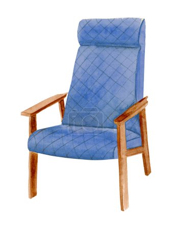 Photo for Watercolor hand drawn illustration of a soft quilted blue armchair with wooden armrests - Royalty Free Image