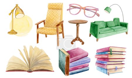 Nice cute and warm watercolor set of vintage hardcover books, desk lamp, book table, mustard chair, green couch, pair of eyeglasses and opened book with yellow pages