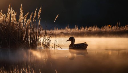 ein nebliger morgendlicher Sonnenaufgang, der eine Ente zeigt, die gemächlich zwischen Schilf auf einem Teich schwimmt, in Nahaufnahme, mit dem weichen Schein der Sonne, die warme Farbtöne wirft und einer nebligen Küste im Hintergrund.