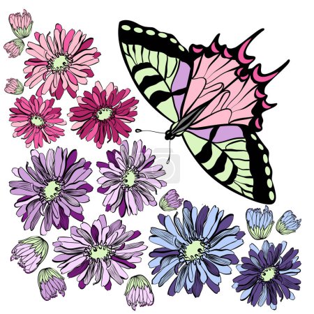Téléchargez les illustrations : Un papillon aux fleurs de gerbera et aux bourgeons illustration vectorielle - en licence libre de droit