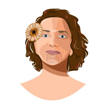 Téléchargez les illustrations : Portrait vectoriel de femme avec gerbera marguerite dans ses cheveux en technique plate - en licence libre de droit
