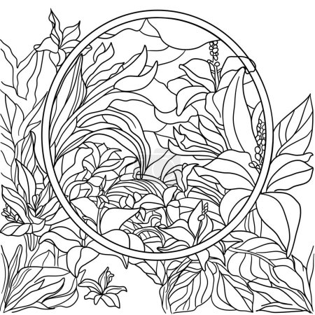 Illustration for Colouring page with flowers and leaves and frame in stained glass technique vector illustration - Royalty Free Image