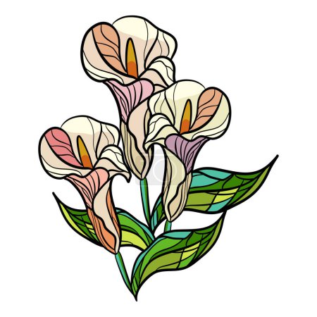 Illustration for Bouquet of calla lilies with green leaves in stained glass style. Vector illustration - Royalty Free Image