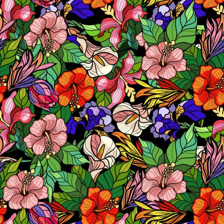 Illustration for Seamless pattern with flowers in stained glass technique. Vector illustration - Royalty Free Image