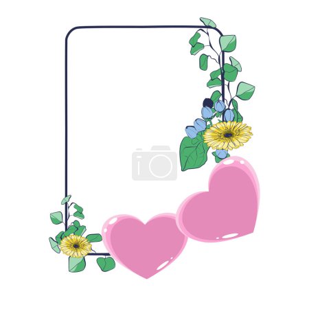 Téléchargez les illustrations : Cadre floral avec coeurs, feuilles d'eucalyptus et fleurs de gerbera. Illustration vectorielle - en licence libre de droit