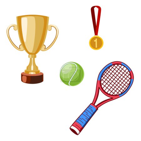 Tennis winner set. Cartoon set of tennis sport equipment. Vector design