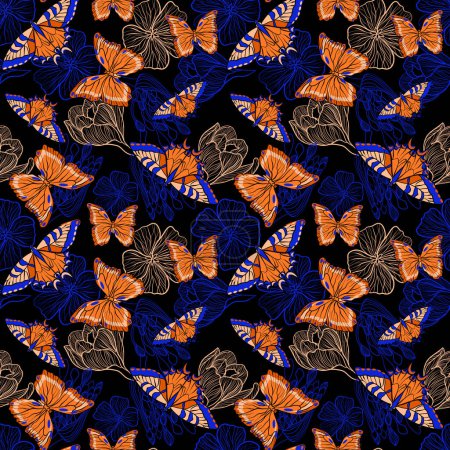 Illustration for Seamless floral pattern with orange butterflies and blue flowers in doodle technique vector illustration - Royalty Free Image