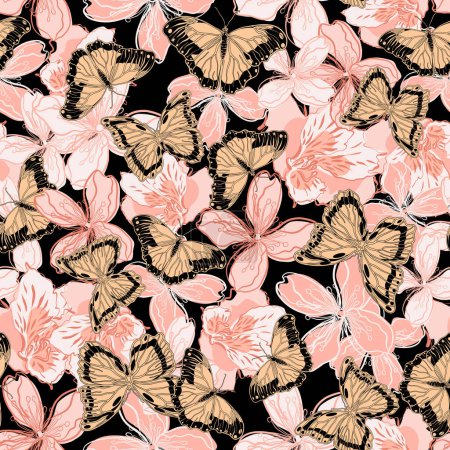 Ilustración de Patrón floral sin costuras con mariposas y flores de alstroemeria vector ilustración - Imagen libre de derechos