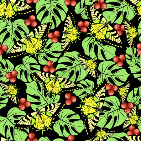 Illustration for Seamless floral pattern with tiger swallowtail butterflies and monstera leaves with holly berries vector illustration - Royalty Free Image