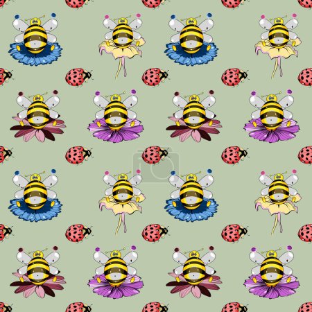Téléchargez les illustrations : Modèle sans couture avec des abeilles sur les fleurs et les coccinelles illustration vectorielle - en licence libre de droit