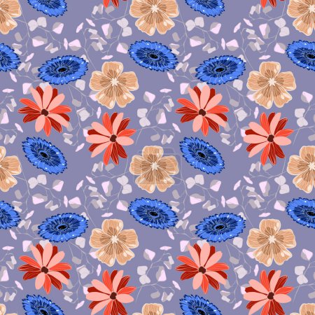 Téléchargez les illustrations : Motif vectoriel floral sans couture avec gerbera, marguerite et eucalyptus sur fond de lavande - en licence libre de droit