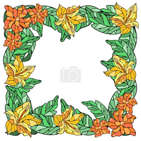 Illustration for Floral frame with tropical flowers in stained glass technique. Vector illustration - Royalty Free Image