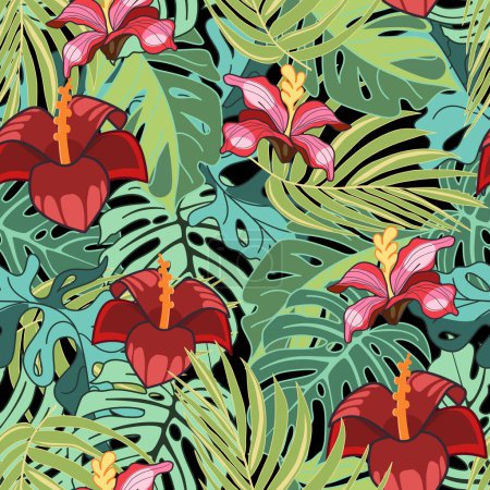 Patrón sin costuras de la selva tropical con flores y hojas exóticas. Ilustración vectorial