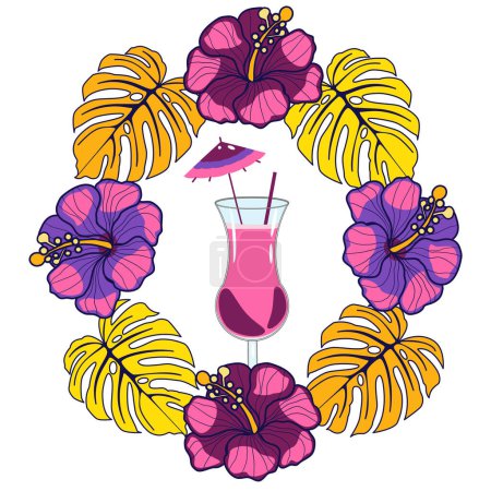 Photo for Summer cocktail in tropical wreath from monstera leaves and hibiscus flowers. Vector illustration - Royalty Free Image
