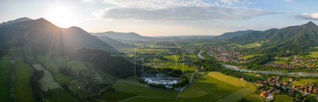 Bavarian Pre Alps. Sunset aerial panorama. Isar river valley. Lenggries Bad Toelz. High quality photo