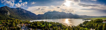 Kochelsee lake beautiful alps panorama in bavaria. Scenic Drone shot. High quality photo