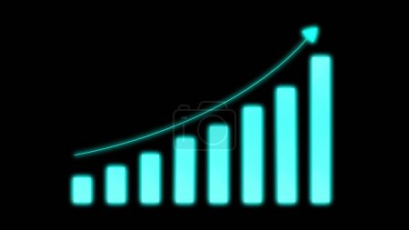 Digital business graph chart and success arrow indicating profit on dark black background.