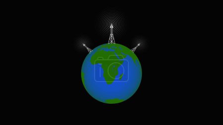 Digitale Technologie abstrakte Verbindungsturm mit Erde Planeten Antennen Radiowellen Illustration Hintergrund.