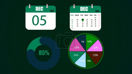 Abstract dark green color background with circle loading bar and calendar illustration background.